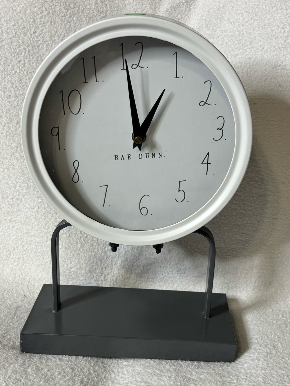 Rae Dunn White and Black Tabletop Clock on Gray Base